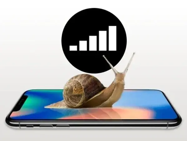 A snail crawling on an iPhone with low signal strength.