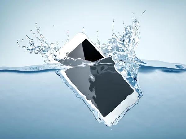 Smartphone submerged in water with splash.