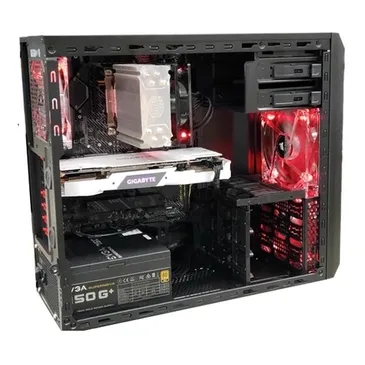 Black computer case with red LED lights.