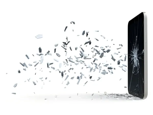 Shattered smartphone screen with glass shards flying.